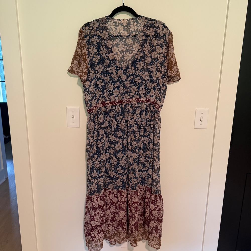 One September Anthropologie Desert Floral Midi Dress XL Burgundy Navy Boho - Picture 3 of 5